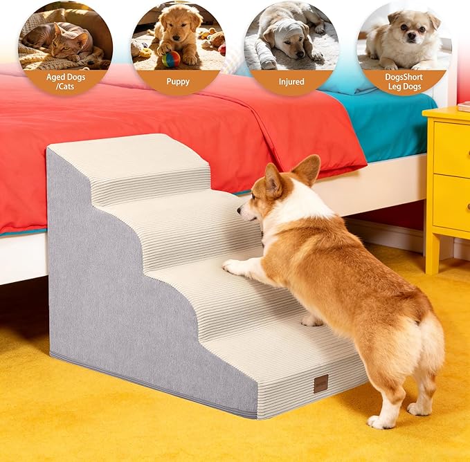 Dog Stairs for Small Dogs and Cats, 19.7" H, 4-Step Curved Pet Ramp for Beds or Couches, Non-Slip Medium Pet Steps with High Density Foam, Beige