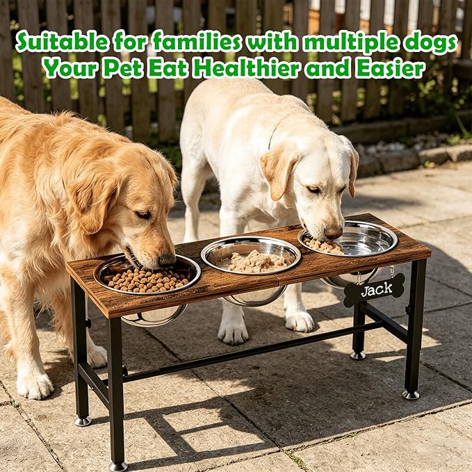 SHAINFUN Adjustable Height Elevated Dog Bowl Stand – Wooden Raised Dog Bowls with Three 58oz Stainless Steel Bowls & Mat for Small to Large Dog Breeds