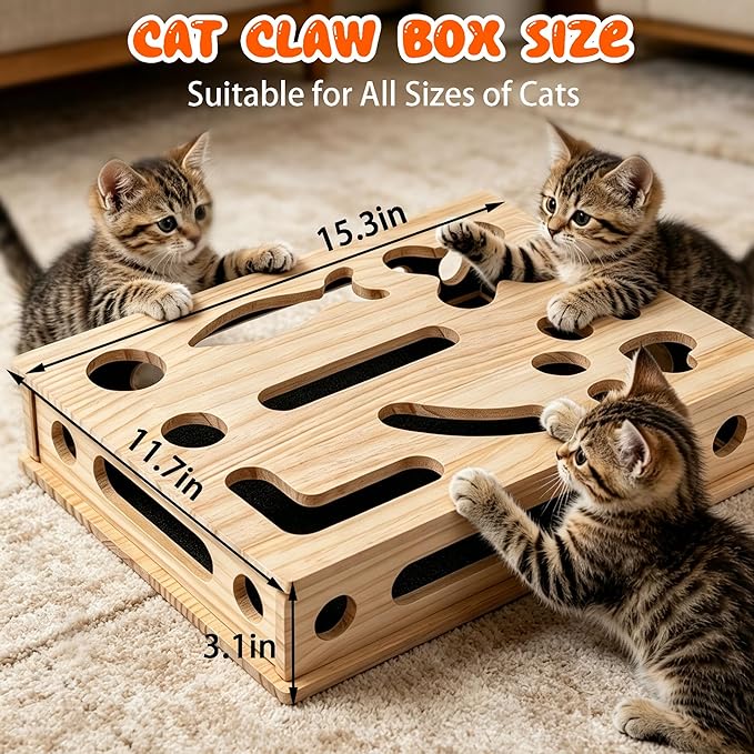 2026 New Cat Scratch Puzzle Enrichment Box, Large Interactive Nail File Box with Sandpaper Liner, Stress-Free Alternative to Nail Clippers & Grinders, with Catnip Toys