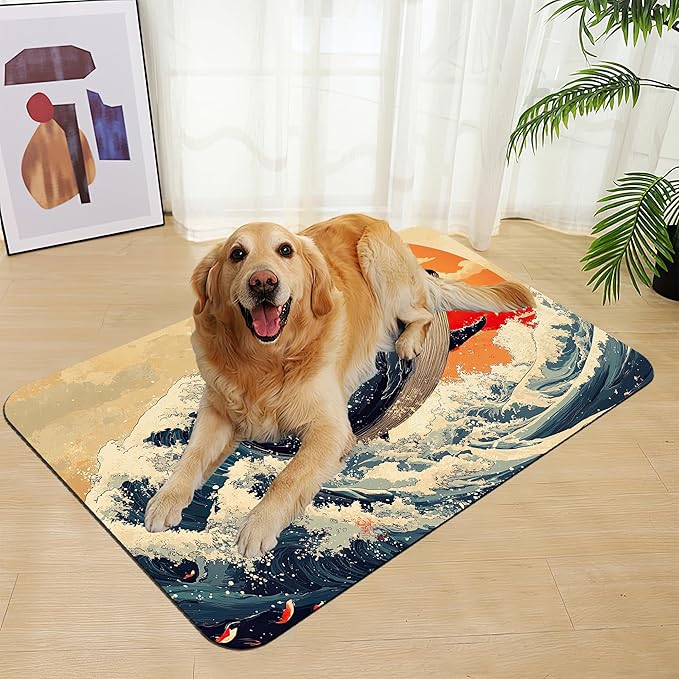 Wave Cat Dog Food Mat,Ukiyo-e Whale Absorbent Quick Dry Feeding Placemat for Food and Water Bowls, Non Slip Rubber Backing, Waterproof Pet Supplies for Mess-Free Eating 12"x20"