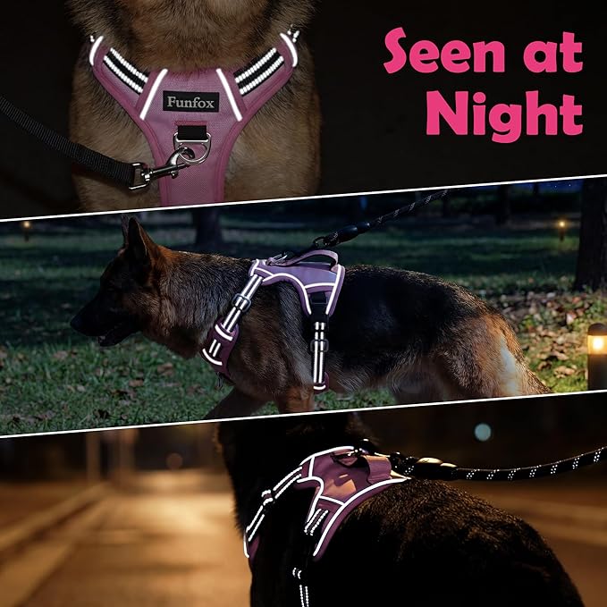 Funfox Dog Harness No Pull, Adjustable Pet Vest Harness, Super Soft Material with Vertical Handle Easy Control, Reflective Night Walking, 2 Leash Clips for XLarge Dogs, Pink, XL