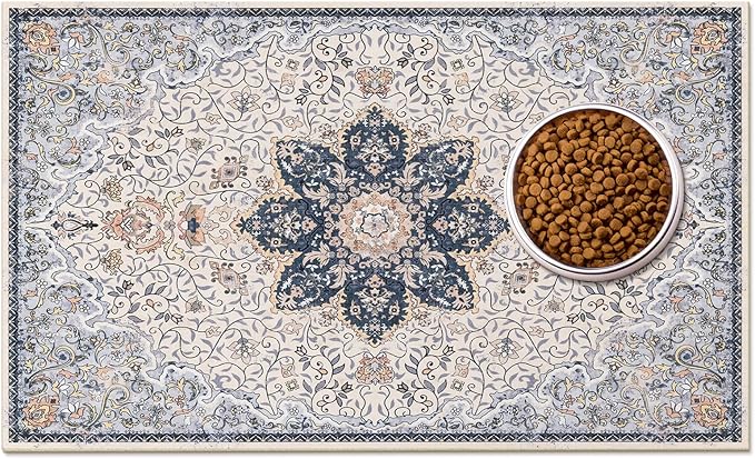 Boho Dog Feeding Mat, Absorbent Cat Matt for Food, Non Slip Pet Water Bowl Placemat Small for Floor, Cream & Blue & Terracotta Indoor Dog Eating Dish Mat 16"x24"