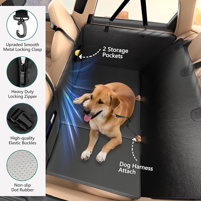 Btefd Back Seat Extender for Dogs Upgraded Anti-Scratch PU Leather, Hard Bottom Dog Car Seat Cover for Back Seat, Backseat Extender for Dogs, Waterproof Dog Hammock for Car, SUV, Small Truck, Black