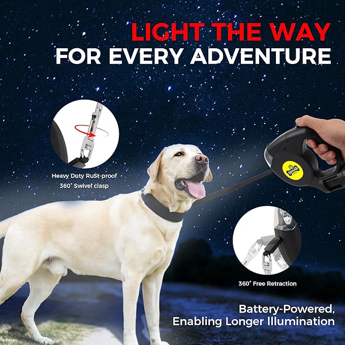 Retractable Dog Leash with Flashlight for Night Walks - 16FT Retractable Leash with Comfort Grip and Integrated Waste Bag Dispenser for Cats,Medium,Large,Small Dogs(Black-Large)