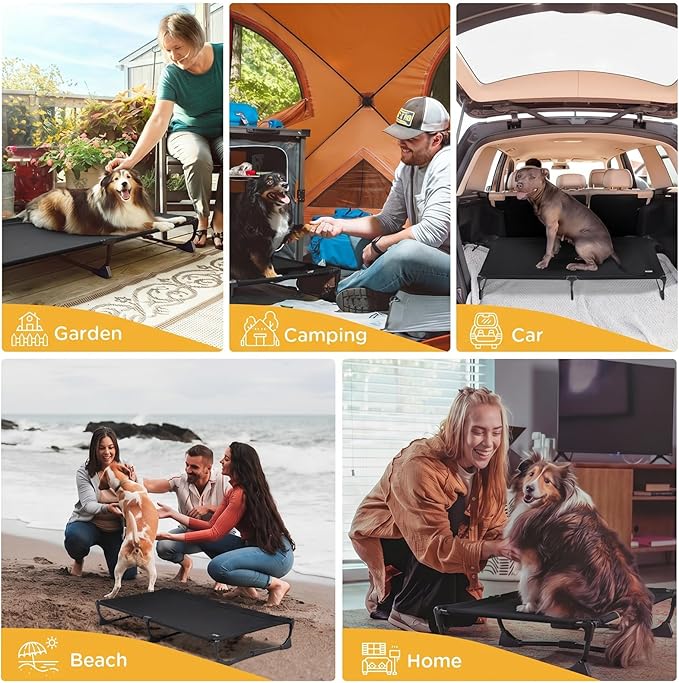 CANINE CANYON Upgraded Non-Slip Daisy Cot, Large Foldable Elevated Dog Bed, Portable Raised Outdoor Folding Dog Cot for Camping/Home, Chew Proof Waterproof Heavy Duty Up to 160 Lbs, Black, 43"x27"