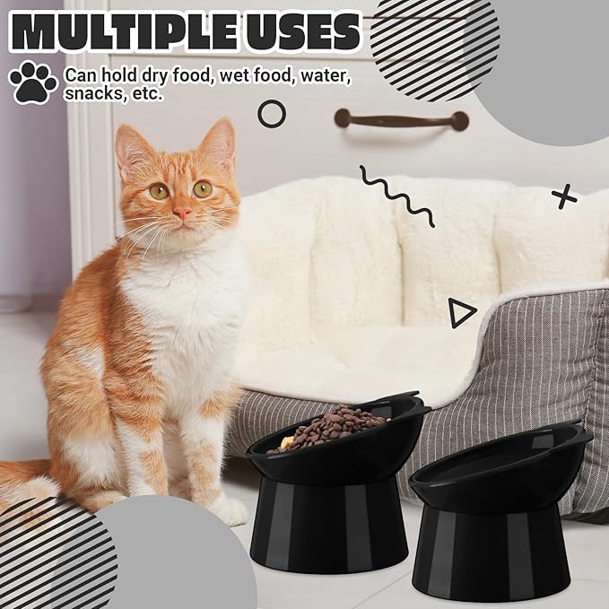 Zhehao 2 Pcs Elevated Cat Bowl Set, Tilted 15° Plastic Raised Food and Water Bowls Anti Vomit Pet Feeding Dishes for Indoor Cats/Small Dogs(Cat Ears,Black)