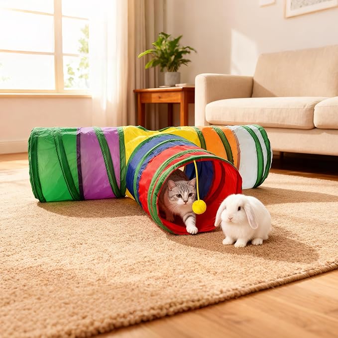 Cat Tunnel,Cat Tunnels for Indoor Cats Interactive, Pet Tunnel Toys for Cats Kitten Rabbits,3 Way Collapsible,Rainbow L 32" T Shape