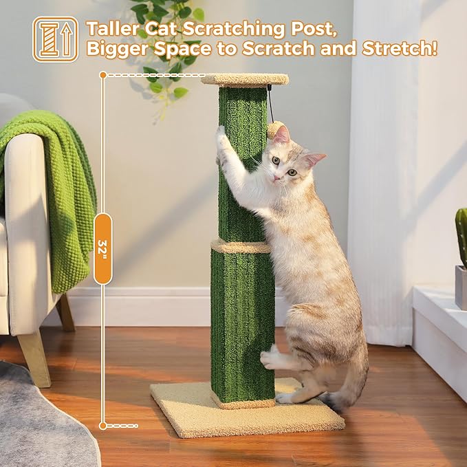 PAWZ Road Carpet Cat Scratching Post 32” Tall Scratching Post for Indoor Cats Adults Ultimate Scratch Post with Carpet, Large Base and Removable Dangling Ball- Green