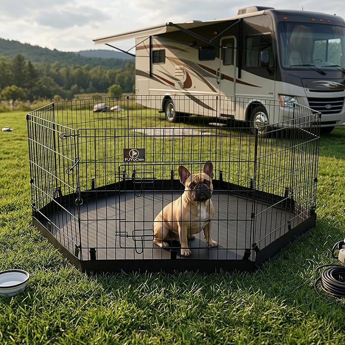 PJYuCien Octagonal Dog Playpen with Bottom Pad - Metal Foldable Exercise Pen, 8 Panels 30" H x 24" W Indoor Outdoor Pet Fence Puppy Crate Kennel, Black