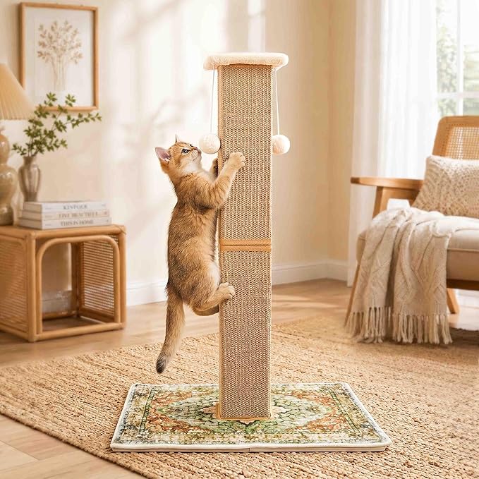 Tall Cat Scratching Post for Indoor Cats Adults, 33'' Large Cat Scratch Post with Perch, Cute Cat Scratching Post with Boho Carpet & Dangling Ball Toys, Green