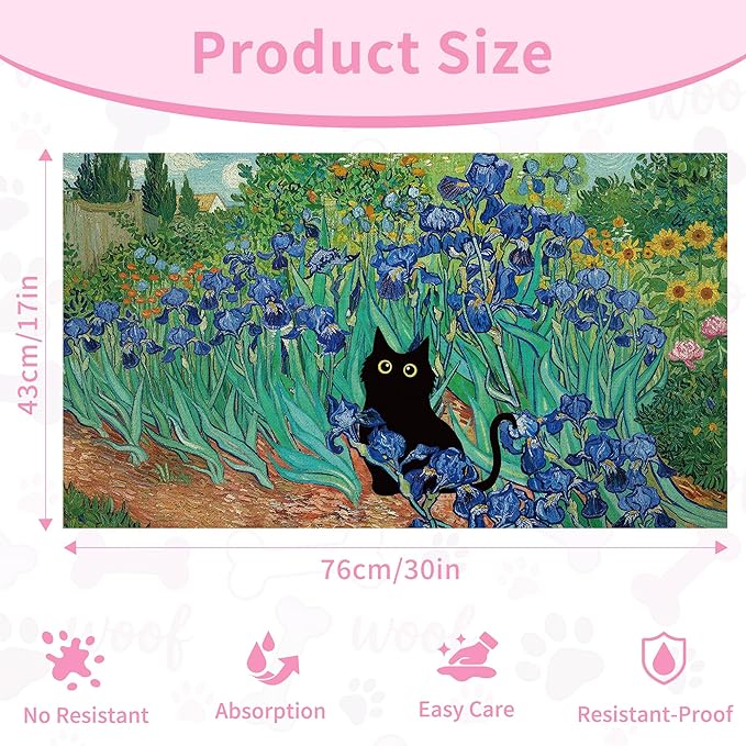 Black Cat Pet Feeding Mat, Absorbent Dog/Cat Food Mat for Food and Water Bowl, Non-Slip Quick Dry Pet Placemat Floor Protector for Messy Drinkers(17 x 30 in)
