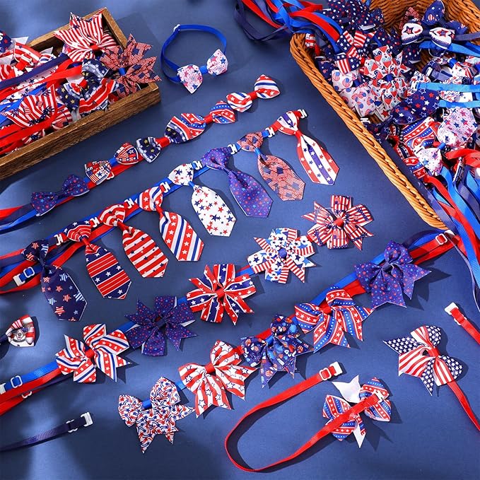 Aliceset 240 Pcs 4th of July Patriotic Dog Bows Tie Basic Collars Bulk Independence Day Red Blue White Pet Neckties for USA Memorial Day Dog Cat Pet Party Accessories(4th of July)
