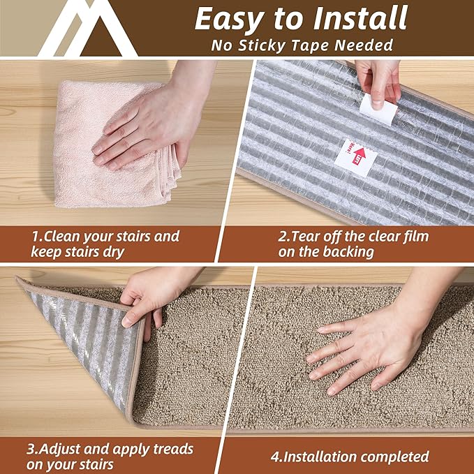 COSY HOMEER Stair Treads for Wooden Steps 11"x30" Washable Indoor Carpet Stair Treads Non Slip Soft Polyester Stair Carpet Tread Reusable Stair Runner Rugs for Kids, Elders,Pets,Beige,4pcs