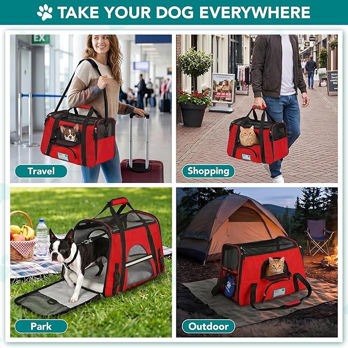 PetAmi Airline Approved Pet Carrier for Cats & Small Dogs, Soft Sided TSA Travel Carrier Bag with Sherpa Bed, Breathable Mesh Ventilation, Collapsible Bowl, Fits Under Seat, Up to 18 lbs, Large Red