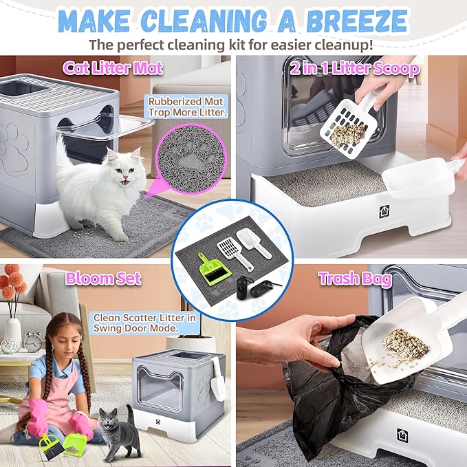 Covered Cat Litter Box with Litter Mat, Foldable Extra Large Dual Entry Adjustable Door, Drawer Design Enclosed Kitty Litter Box, Odor Control Anti-Splashing Easy Cleaning (Medium Grey)