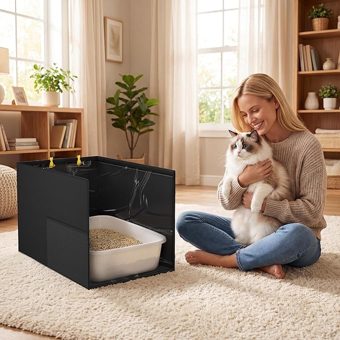 Aokeyee Cat Litter Box Enclosure Splash Guard High Side 27.16 x 21.65 x 16.53, Black All-Inclusive Waterproof Foldable Pet Litter Box Shield, Anti-Leakage, Dust Control, Easy to Clean