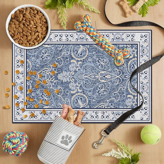 Blue Floral Pet Feeding Mat, Absorbent Dog/Cat Food Mat for Food and Water Bowl, Non-Slip Quick Dry Pet Placemat Floor Protector for Messy Drinkers(16 x 24 in)