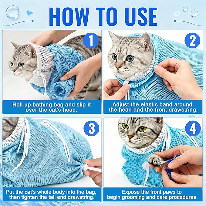 Cat Bathing Bag, Catcan Breathable Cats Grooming Bag, Anti Scratch Adjustable Cat Shower Washing Bags with Mesh for Nail Trimming (White- Blue)
