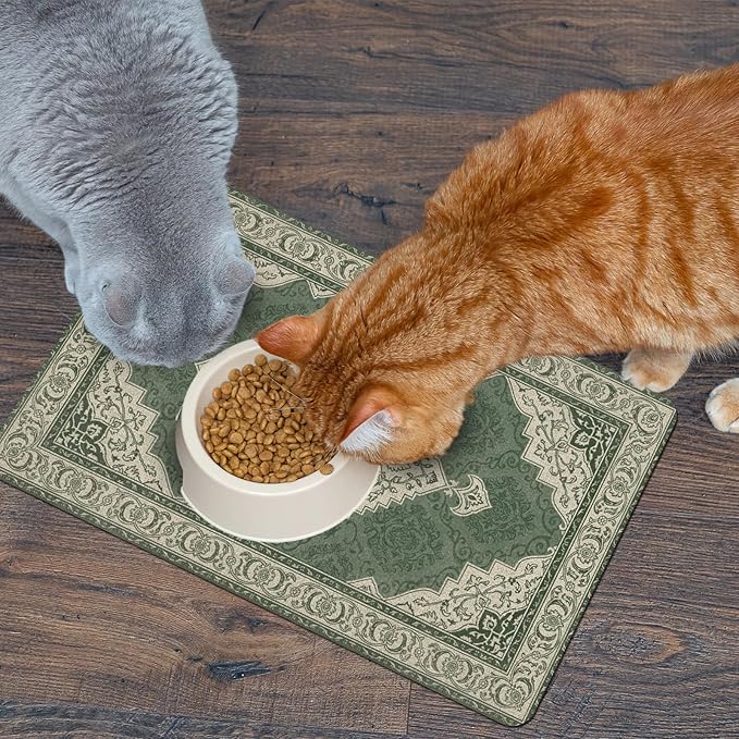 Pet Dog Cat Food Mat, Absorbent Dog Bowl Mats for Food and Water, Non Slip Boho Dogs Cat Placemats Feeding Mat for Floors Indoor Puppy Pet Accessories Supplies 16 * 24 inch, Retro Green