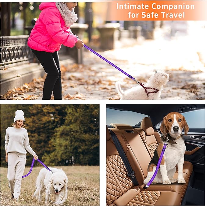 Seyezo 3-Piece Dog Car Harness Set - Retractable, Adjustable, Reflective Dog Seatbelt for Vehicle Headrests, Heavy Duty & High Elastic, Purple