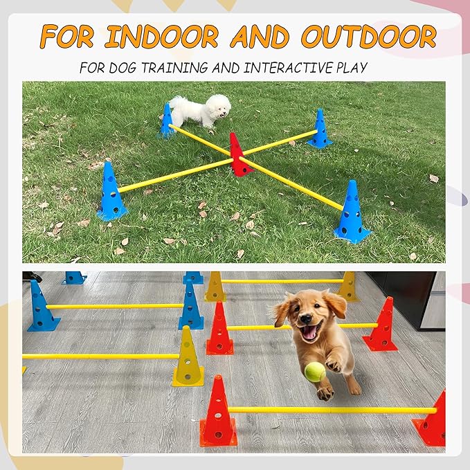 Dog Agility Hurdle Cone Set, Dog Agility Backyard Set Include Height cossbar Agility Rods, Dog Agility Equipment for Rehabilitation & Beginners(Blue+Orange+Yellow)
