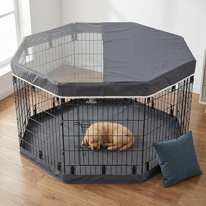 PJYuCien Octagonal Dog Playpen with Top Cover and Bottom Pad - Metal Foldable Exercise Pen, 8 Panels 36" H x 24" W Indoor Outdoor Pet Fence Puppy Crate Kennel, Gray