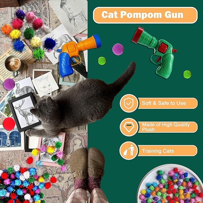 82Pcs Cat Toys Gun Launcher,Cat Toy Ball Launcher Gun,Cat Toy Launchers,Low Noise Interactive Cat Ball Launcher Gun,30 Pcs Sparkle Pom Pom Balls for 50Pcs Pom Pom Balls