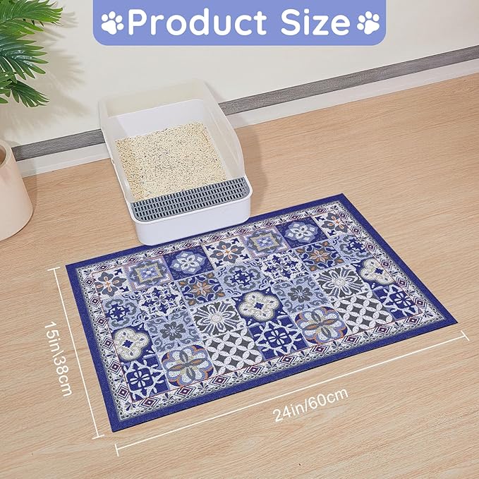 Cat Litter Mat Trapping Rug 24"x15",Litter Box Mat for Floor, Non-Slip Waterproof Backing, Soft Mesh Easy to Clean Pet Mat for Cat, Blue