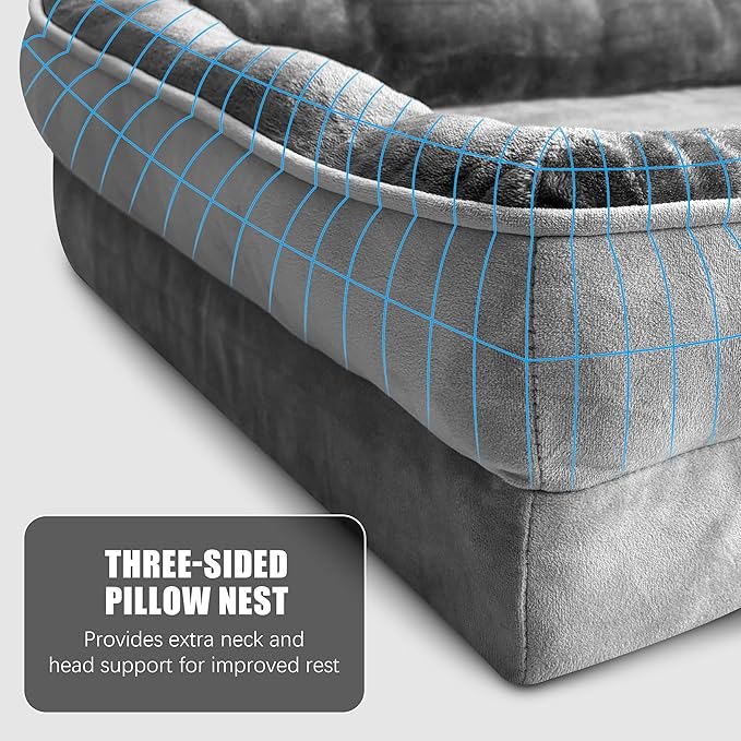 Spotted Play Orthopedic Dog Bed with Sides - Dog Sofa Beds for Extra Large Dogs, Supportive Foam Pet Couch Bed with Washable Removable Cover, Waterproof Lining and Non-Slip Bottom, Grey - XL-Plus