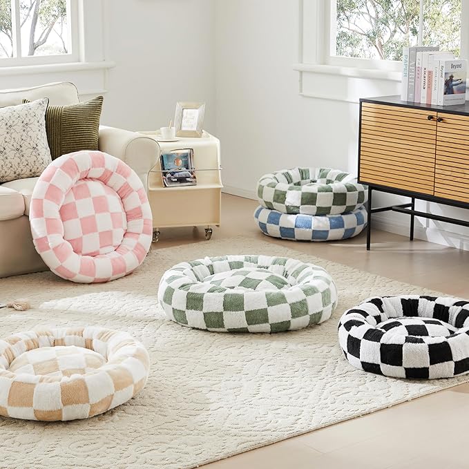 Ohocut Checkered Cat Dog Bed, Cute Beige Khaki Retro Style Aesthetic Round Warming Pet Calming Beds for Small Dog and Cats, Plush Cozy Donut Beds Washable, 23" L x 23" W x 8" Th