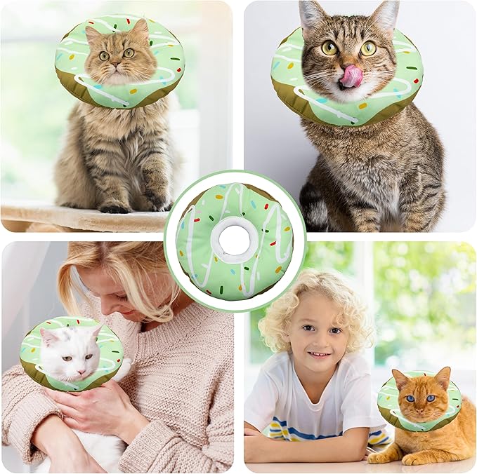 Seyezo Cat Cone Collar Soft, Adjustable Cat Recovery Collar Kitten Cones to Stop Licking, Cute Donut E Collar After Surgery, Cats Neck Pillow Cone Elizabethan Cones of Shame (Waterproof Green, Small)