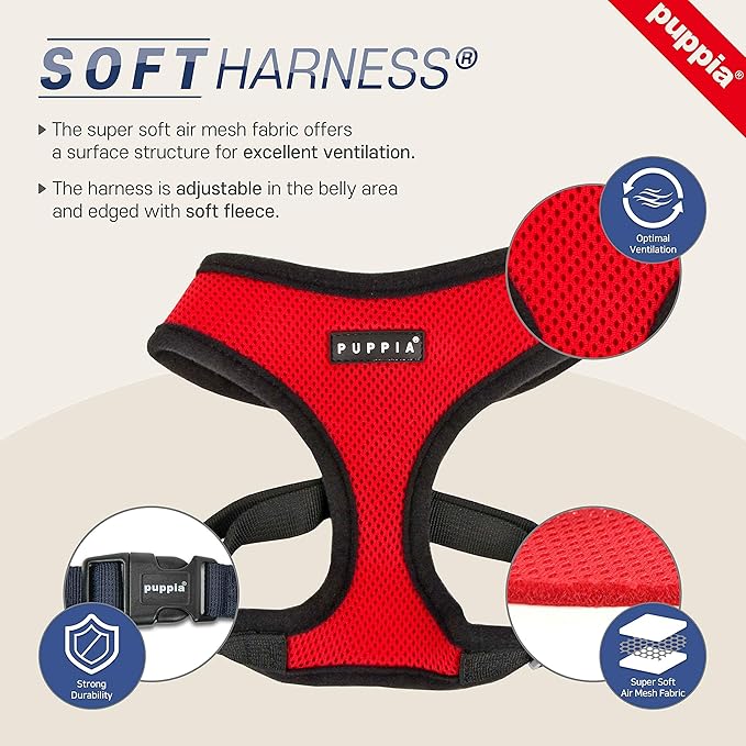 Puppia Soft Dog Harness No Choke Over-The-Head Triple Layered Breathable Mesh Adjustable Chest Belt and Quick-Release Buckle, Pink, XX-Large