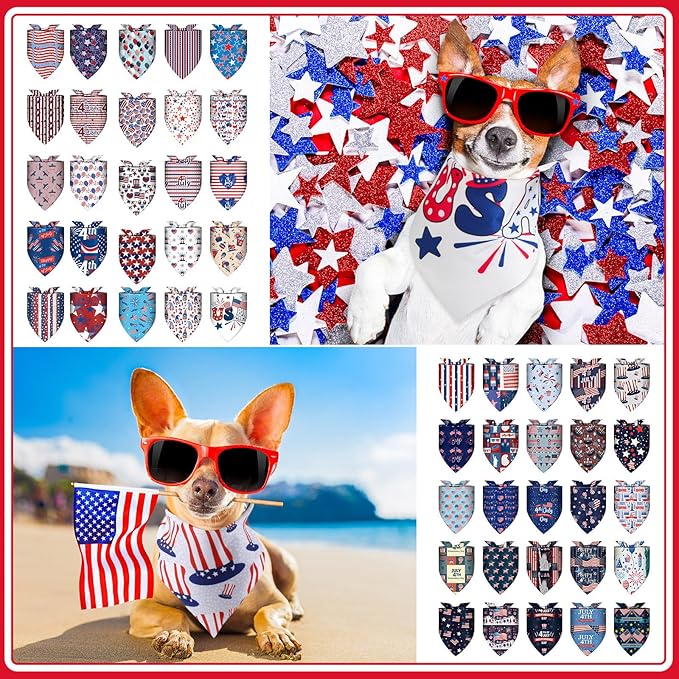 Huhumy 100 Pcs 4th of July Dog Bandanas Bulk 3 Sizes Dog Washable Bandana Adjustable Washable Patriotic Scarf for Small Medium Large Dogs, Independence Day Designs
