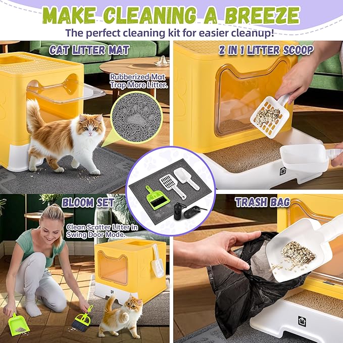 Covered Cat Litter Box with Litter Mat, Foldable Extra Large Dual Entry Adjustable Door, Drawer Design Enclosed Kitty Litter Box, Odor Control Anti-Splashing Easy Cleaning (Yellow)