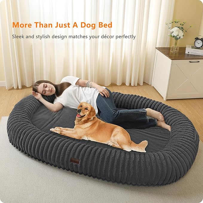 Human Dog Bed for Adult, Reversible Orthopedic Gel Memory Foam Cushion, Washable Corduroy Fleece, Plump Edge with Blanket, Storage Pocket, Strap, 71"x47.2"x9", Extra Large, Dark Grey