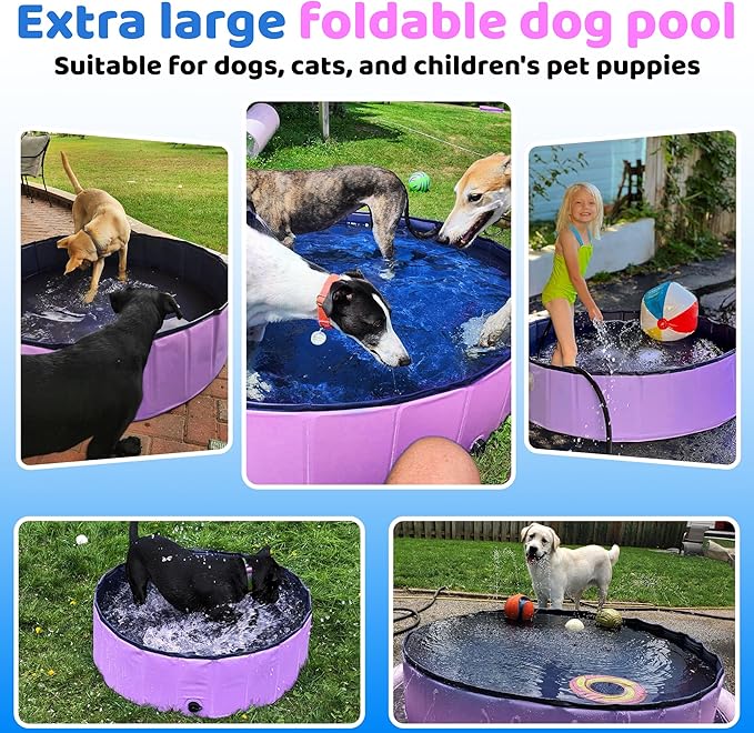 CACSPS 2025 Updated Foldable Dog Pool, 63" x 12" Kiddie Pool with Hard Plastic, Non-Slip Dog Bath Tub for Outdoor Backyard, Collapsible Dog Swimming Pool for Kids Dogs Pets (Pink)