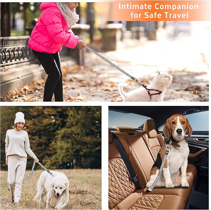 Seyezo Retractable Dog Harness with Adjustable Seatbelt and Reflective Strap for Vehicle Safety, Heavy Duty & High Elastic Tension, Grey