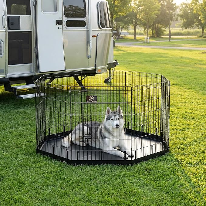 PJYuCien Octagonal Dog Playpen with Bottom Pad - Metal Foldable Exercise Pen, 8 Panels 36" H x 24" W Indoor Outdoor Pet Fence Puppy Crate Kennel, Black