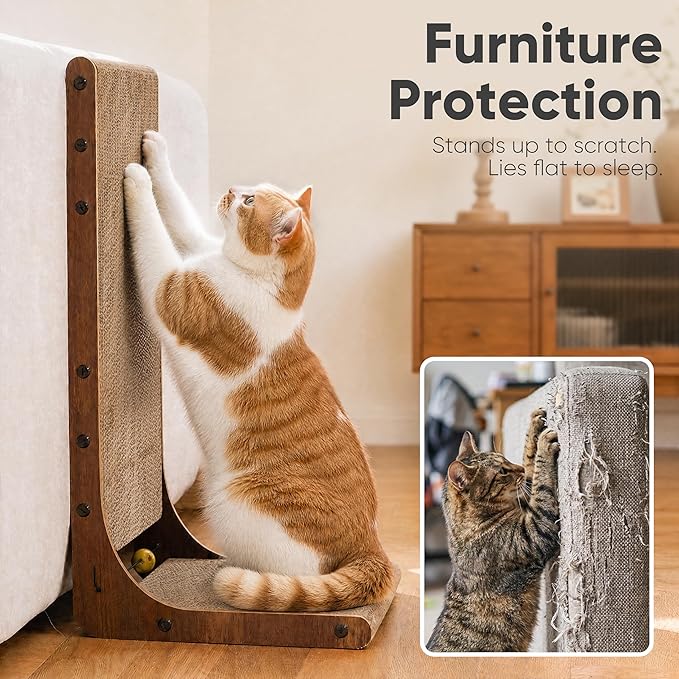 FUKUMARU Cat Scratcher 2 Packs, 25 Inch Cat Scratching Boards for Indoor Cats, L Shaped Cardboard Cats Scratcher Vertical Scartch Pads with Ball Toy, Walnut Color