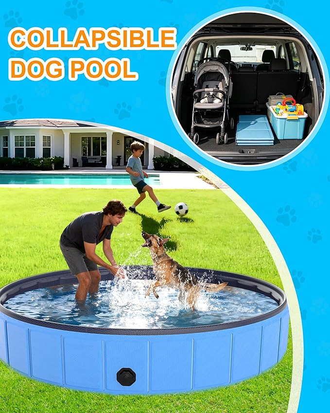 Instraella 97"x16" Dog Pool for Large Dogs, Heavy Duty Hard-Side Foldable Pet Pool, Non-Slip Collapsible Dog Bathing Tub with Drain, Portable Kiddie & Dog Swimming Pool for Outdoor & Indoor Use