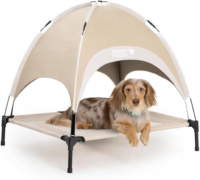 FUNNY FUZZY Elevated Cooling Dog Bed with Canopy(30"x24"x7"), Khaki, Outdoor Raised Dog Cot with Shade, Cooling Breathable Mesh Pet Bed, Portable Waterproof Dog Camping Bed for Large Medium Small Dogs
