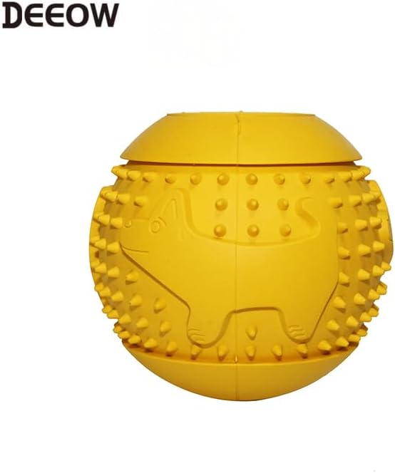 Deeow Rubber Dog Chew Toy Ball, Treat Dispenser for Pet Chewers, Food Grade TPR Teething Shell, Enrichment Puzzle, World Cup Soccer Slow Feeder Dog Toys for Dental Care and Enrichment -Yellow