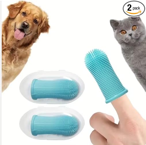 Milo's Pet Toothbrush, Finger Toothbrush, Dogtooth Brush, Teeth Cleaning, 360 Tooth Brushing Kit,Cats, Pet Tooth Brush for Small & Large Pets, with Toothbrush Holder, 2-Pack Blue