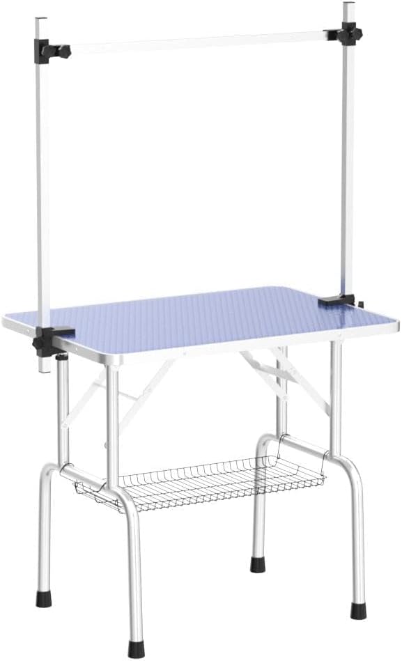 Dog Grooming Table, Adjustable Large Pet Drying Desktop, Foldable Bathing Desk with Arms, Noose, Mesh Tray, Maximum Capacity Up to 330Lb, 42in, Blue