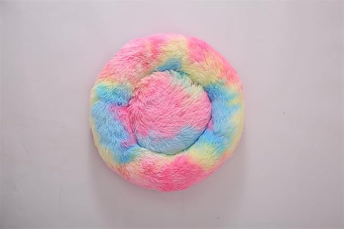Small Dog Bed for Small Dogs, Washable Donut Cat Beds for Indoor Cats, Ultra-Soft Plush Calming Bed for Kittens & Puppies Up to 6.6lbs, Anti-Slip Bottom, Rainbow,13",Shag Faux Fur