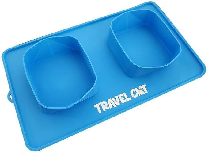Travel Cat Collapsible Food and Water Bowl - 2 in 1 Blue Portable Pet Skid Mate Cat Bowl with No-Spill and Non-Skid Foldable Silicone Mat - Portable Pet Feeder for Traveling, Camping, Hiking with Cat