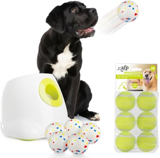 ALL FOR PAWS Automatic Ball Launcher for Dogs, Interactive Puppy Pet Balls Outdoor Thrower for Medium to Large Dogs and six 2.5-inch Tennis Balls Bundle