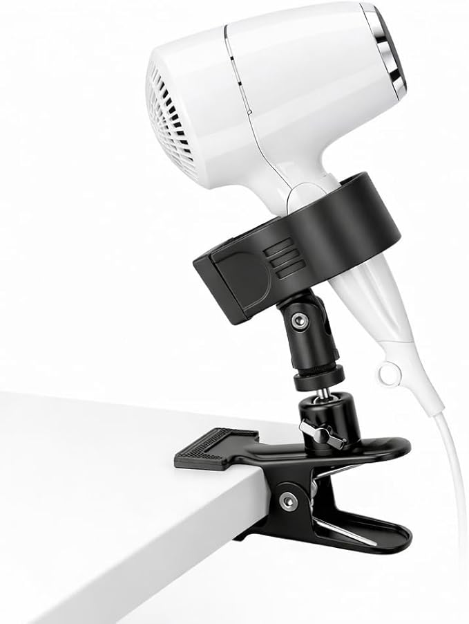 360 Degree Rotating Hands Free Hair Dryer Holder Sturdy Metal Base and Strong Clamp Adjustable and Flexible Blow Dryer Stand for Easy Styling Stable and Easy Installation