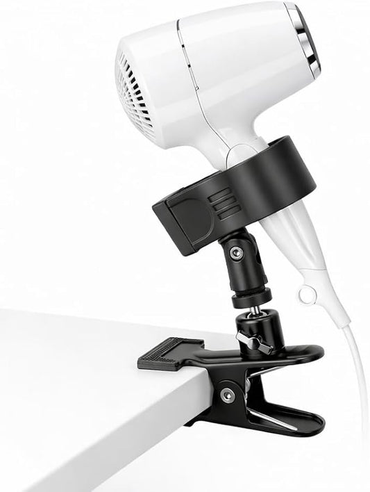 360 Degree Rotating Hands Free Hair Dryer Holder Sturdy Metal Base and Strong Clamp Adjustable and Flexible Blow Dryer Stand for Easy Styling Stable and Easy Installation