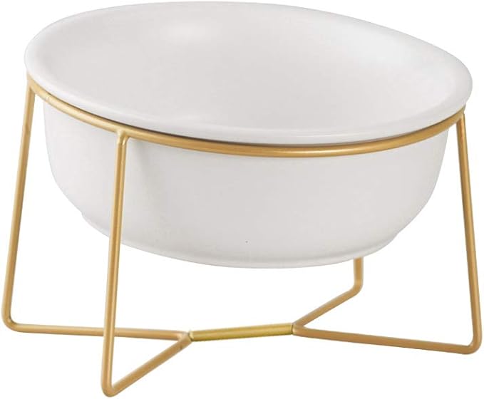 White Large Ceramic Tilted Elevated Cat Dog Bowl Raised Cat Food Water Bowl Dish Pet Comfort Feeding Bowls with Gold Iron Stand